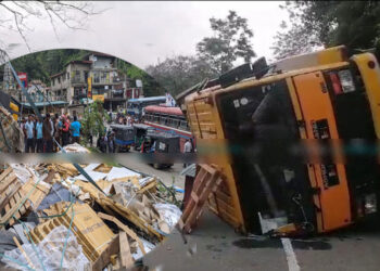 ටයිල් ලොරිය පාරේ පෙරැළෙයි