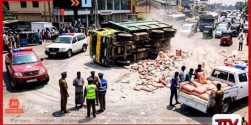 කොට්ටාව නගර මධ්‍යයේ  සිමෙන්ති ලොරියක් පෙරළෙයි