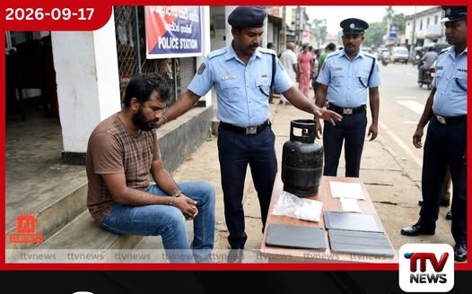 අම්බලන්ගොඩ පාසලකින් ටැබ් 2ක් සොරාගෙන ගෑස් සිලින්ඩරයකුත් උස්සපු සැකකරු කුඩුත් එක්ක මාට්ටු!